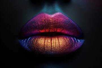 Painted lips extreme close-up. Large, plump female lips painted with multi-colored pearlescent lipstick in gold and purple shades with a neon glow on a stylized face in black makeup - obrazy, fototapety, plakaty