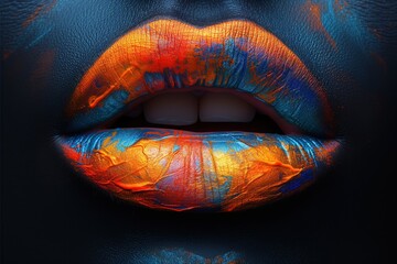 Painted lips extreme close-up. Plump female lips, generously painted with multi-colored pearl lipstick with a neon glow, on a face with dark makeup. Creative makeup concept - obrazy, fototapety, plakaty