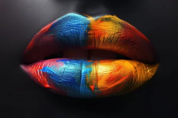 Foto op Canvas Painted lips extreme close-up. Plump female lips, generously painted with multi-colored pearl lipstick with a neon glow, on a face with dark makeup. Creative makeup concept © ArtMajestic