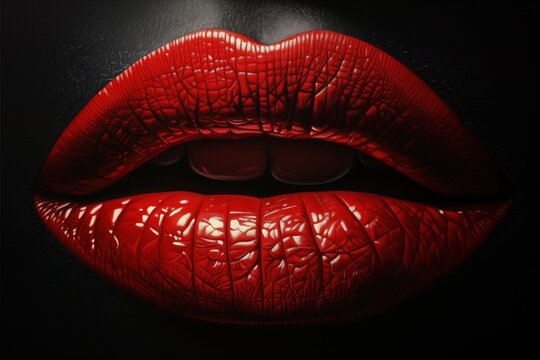 Large plump female lips painted with red lipstick, very close-up, in a dark key, on a stylized face in dark makeup. Makeup concept