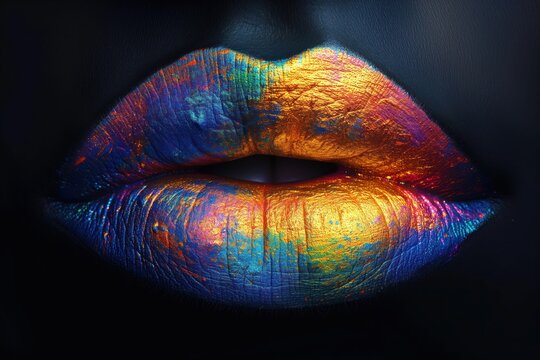 Painted lips extreme close-up. Plump female lips painted with multi-colored pearlescent lipstick in blue, yellow, purple shades with a neon glow. Creative makeup concept