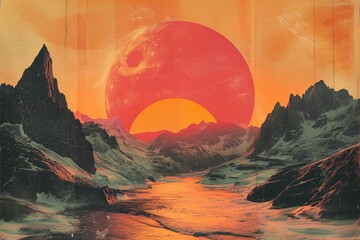 Sunrise on an unknown planet among rocks washed by coastal waters. A phantasmagorical concept, done in a retro style, with damaged colors and traces of old origin - obrazy, fototapety, plakaty