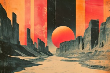 The sun rises over the rocks. Abstract phantasmagorical multi-colored retro collage, with scuffs and vintage color transitions, antique-style - obrazy, fototapety, plakaty