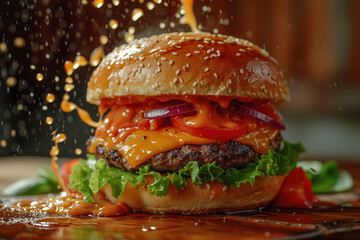 A large juicy cheeseburger with a cutlet, cheese, tomatoes, onions and lettuce in a fluffy bun sprinkled with sesame seeds, dynamically splashing sauce on the table. Fast food concept - obrazy, fototapety, plakaty
