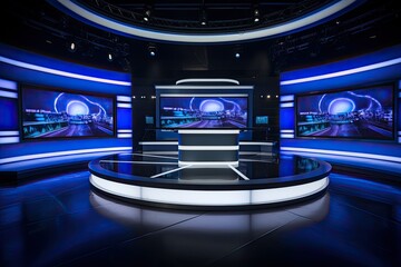 Modern television studio with blue neon lights