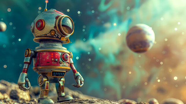 Vintage robot explorer in otherworldly landscape