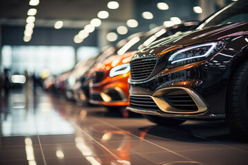 Close-up of luxury cars in a showroom - obrazy, fototapety, plakaty
