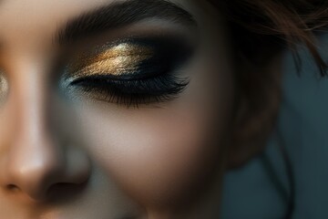 Close-up of a girl's face with smokey eye makeup. Golden smokey eye. Fashion makeup concept