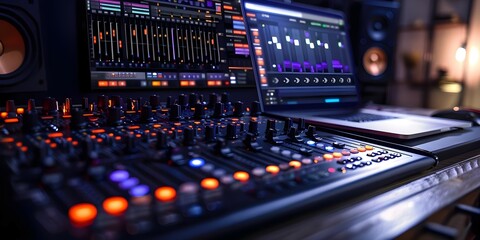 Closeup of a professional audio mixer with sliders and faders a laptop displaying software in a modern recording studio. Concept Recording Studio Equipment