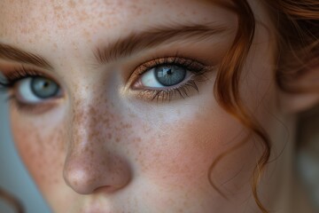Red-haired freckled girl with golden makeup. Face close-up. Makeup concept for redheads