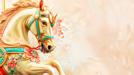 Vibrant digital illustration of a floral-decorated carousel unicorn on a soft-toned background - obrazy, fototapety, plakaty