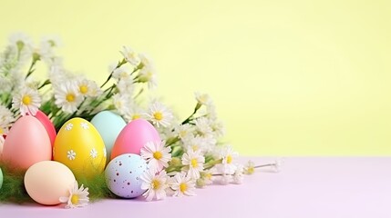 Easter eggs and daisies on pastel background