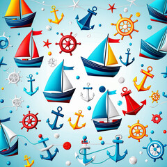 Group of Boats and Anchors on Blue Background. Generative AI
