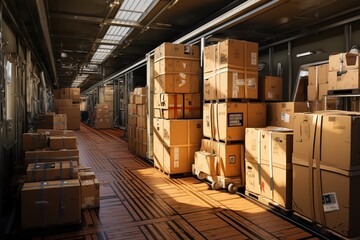 Storage area filled with stacked boxes. Busy warehouse. Distribution products. Delivery. Logistics. Transportation..