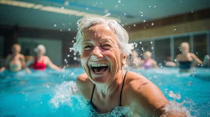 Active laughing senior women have fun in swimming pool. Happy mature concept. Grandmother doing...