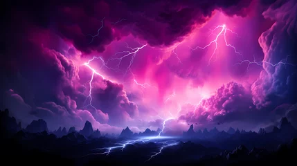 Fotobehang Lightning in the sky, gloomy ominous thunder and lightning background © jiejie