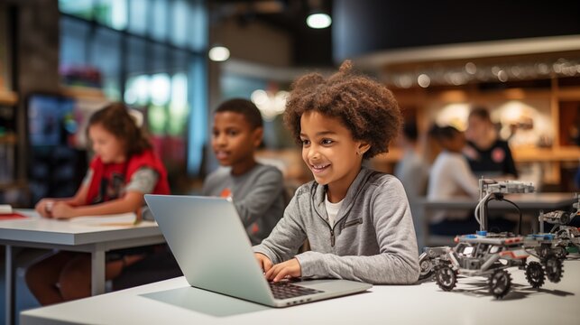 Diverse group of children sitting in row learning using laptops,  side view. Smart kids computer generation. Collaborative educational environment. Grow. Explore. Discover.