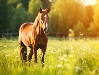 Fototapeta premium Horse in a sunlit field with a serene expression