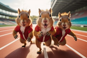 Three squirrels racing on a running track in uniforms