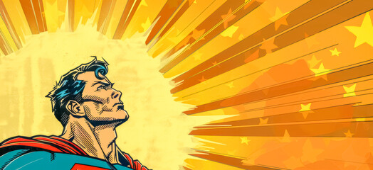 Heroic comic character against starburst background