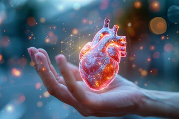 Futuristic holographic human heart surrounded by sparkling particles - obrazy, fototapety, plakaty