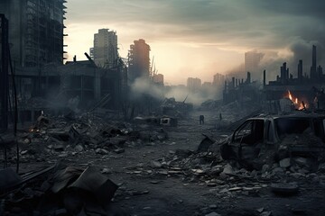Post-apocalyptic city ruins with a person walking - obrazy, fototapety, plakaty