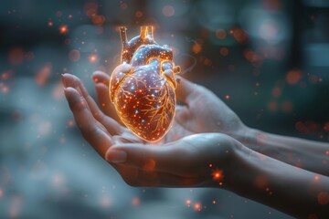 Futuristic holographic human heart surrounded by sparkling particles - obrazy, fototapety, plakaty