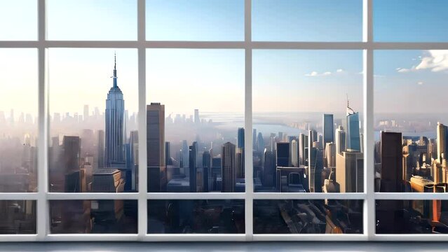 Interior skyscrapers view cityscape mockup of a blank room with a white wall during the day. Skyline view from a high-rise window. A gorgeous real estate with a view.