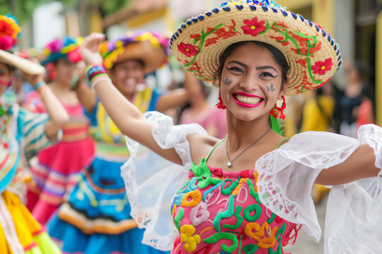 a woman wearing a sombrero and a colorful dress is dancing in a parade.  Generative AI