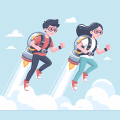 cartoon people fly using jet pack rocket