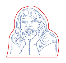 Outline portrait of very happy girl, vector illustration