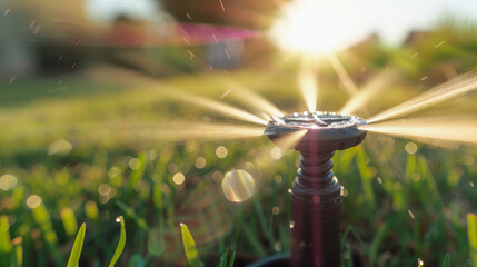 Automatic sprinkler system watering fresh green lawn - obrazy, fototapety, plakaty