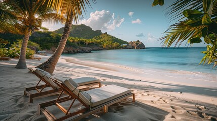 Scene of beach with benches and palm trees