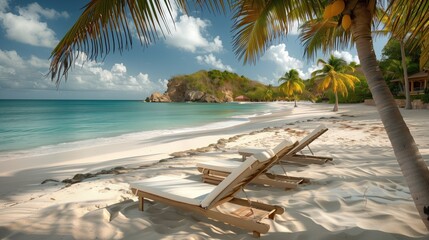 Scene of beach with benches and palm trees