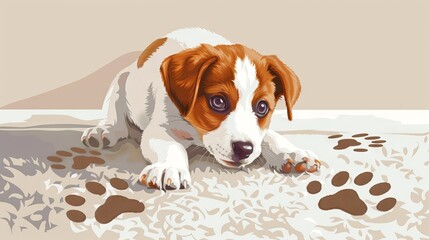 Digital art of a playful puppy with muddy paw prints. Dog making a mess on rug. Cute puppy with dirty paws. Concept of mischievous pet, domestic animals, home mess, playful mischief - obrazy, fototapety, plakaty
