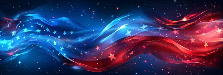 Stylized American flag rippling like cosmic waves. Patriotic colors flowing with a celestial theme. Concept of American spirit, patriotism, and universe. Banner. Copy space