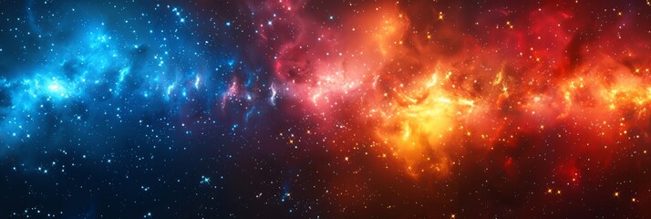 Cosmic nebula with blue and red hues. Starry interstellar cloud. Concept of space exploration, universe mystery, and galactic beauty. - obrazy, fototapety, plakaty