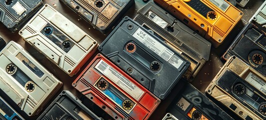 Collection of Retro cassette tapes of vibrant hues. Top view. Background. Concept of vintage music, collectible items, the 80s and 90s culture, and the charm of physical media. Banner - obrazy, fototapety, plakaty