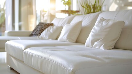 Fototapeta premium Elegant white leather sofa with pillows in a bright living room. Modern interior design. Concept of minimalism, comfort, luxury furniture, and stylish home decor.