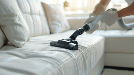 Expert sofa cleaning with a powerful vacuum cleaner. Process of vacuuming a white couch. Concept of meticulous hygiene, professional cleaning service, allergen control, and domestic care. - obrazy, fototapety, plakaty