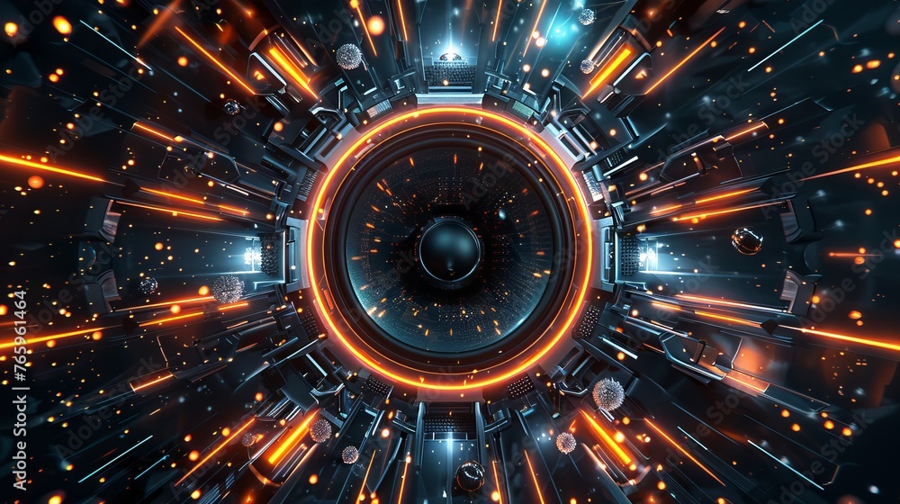 Poster speaker at the center of an intense, energetic burst of particles and light, surrounded by dynamic e