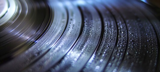 Close-up of vinyl record grooves with focused detail. Shiny vinyl surface reflecting light. Concept of vintage, music recording, audiophile culture, vinyl resurgence. Banner. Backdrop. Copy space - obrazy, fototapety, plakaty