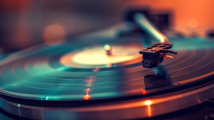 Vinyl record on a turntable with a golden hue. Detailed view of the record and stylus. Concept of...