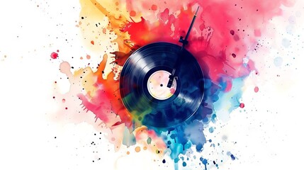 Watercolor illustration of vintage vinyl record with aquarelle splashes. Vinyl LP. Soft pastel tones evoke a sense of nostalgia and romance. Concept of retro music, artistry, and art