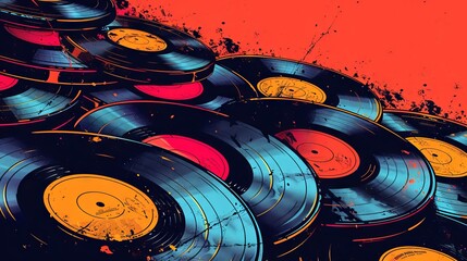 Collection of Colorful vinyl records. Assortment of vivid vinyl LPs. Top view. Background. Copy space. Concept of music diversity, vintage collection aesthetics, retro music. Pop art style