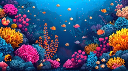 Fototapeta na wymiar Colorful underwater coral landscape. Vibrant coral reef in ocean waters. Artwork. Concept of marine life, underwater biodiversity, tropical ecosystem, natural aquarium. Digital illustration. Artwork