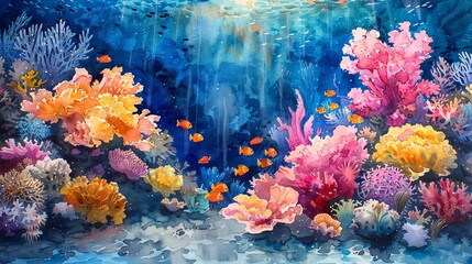 Obraz na płótnie Canvas Watercolor illustration of vivid coral reef in ocean waters. Colorful corals. Concept of marine life, underwater biodiversity, tropical ecosystem, and natural aquarium. Aquarelle artwork
