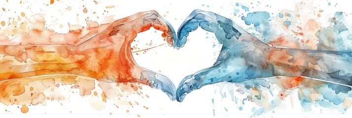 Two Hands forming heart shape. Symbol of love. Concept of togetherness, affection, romantic gestures, love signs, warm emotions. Watercolor illustration. Banner