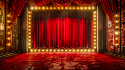 Grand theater stage with red curtains and lights - obrazy, fototapety, plakaty
