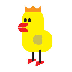 Vector illustration of chicken. A yellow chicken with a red beak and a crown on its head.